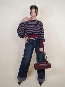 Dania Mndz Shop Women's Autumn/Winter Vintage Casual Loose Color-Blocked Striped Asymmetrical Shoulder Long-Sleeved Top, Versatile And Stylish, Casual Top, Burgundy Striped Top, Red Top, Oversized T Shirt,Old Money Style Women,Striped Off-The-Shoulder Tops, Women's Casual Tops, Long-Sleeved T-Shirts, - Red Violet - View 1