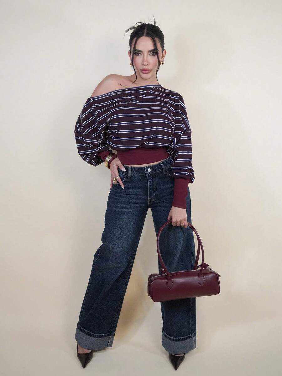 Dania Mndz Shop Women's Autumn/Winter Vintage Casual Loose Color-Blocked Striped Asymmetrical Shoulder Long-Sleeved Top, Versatile And Stylish, Casual Top, Burgundy Striped Top, Red Top, Oversized T Shirt,Old Money Style Women,Striped Off-The-Shoulder Tops, Women's Casual Tops, Long-Sleeved T-Shirts, - Red Violet - View 1