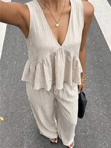 SHEIN EZwear 女士夏季休闲度假简约纯色深V领无袖娃娃衫上衣和阔腿裤套装 - 杏色 - 查看 9