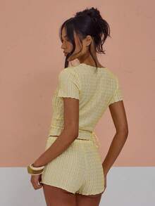 MUSERA Plunge Wrap Tie Front Textured Lettuce Hem Short Sleeve Top Low Rise Mini Shorts Sold As Set Cute Summer Holiday Girly Cool Girl Beach Casual - Yellow - View 4