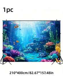 1pc Ocean Princess Polyester Underwater Marine Life Backdrop Banner, Mermaid Theme Party Banner, Suitable For Photo Booths And Birthday Cake Table Decorations - Multicolor - View 9