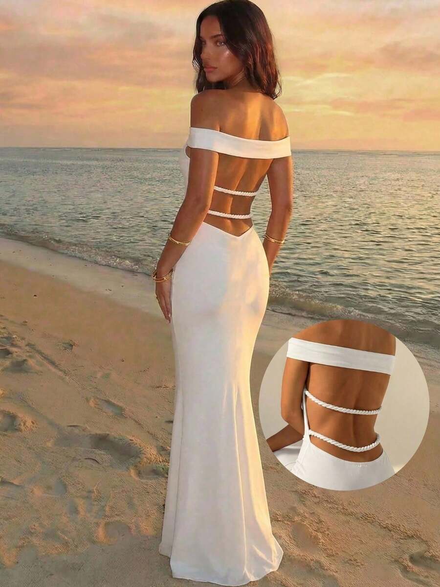 Aloruh Đầm trắng bó sát, hở lưng, xếp ly, gợi cảm, trễ vai, tết bím dành cho mùa cưới. - trắng - Xem 1