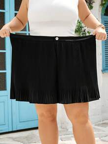 SHEIN CURVE+ 大码女式手工面料黑色短裤，休闲短裤 - 黑色 - 查看 5