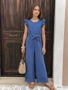 SHEIN Bộ áo liền quần ống rộng có bèo nhún, thắt lưng, thích hợp cho bé gái tuổi teen, phong cách thường ngày đi nghỉ mát, mùa xuân/hè. - Màu xanh lam - Xem 1