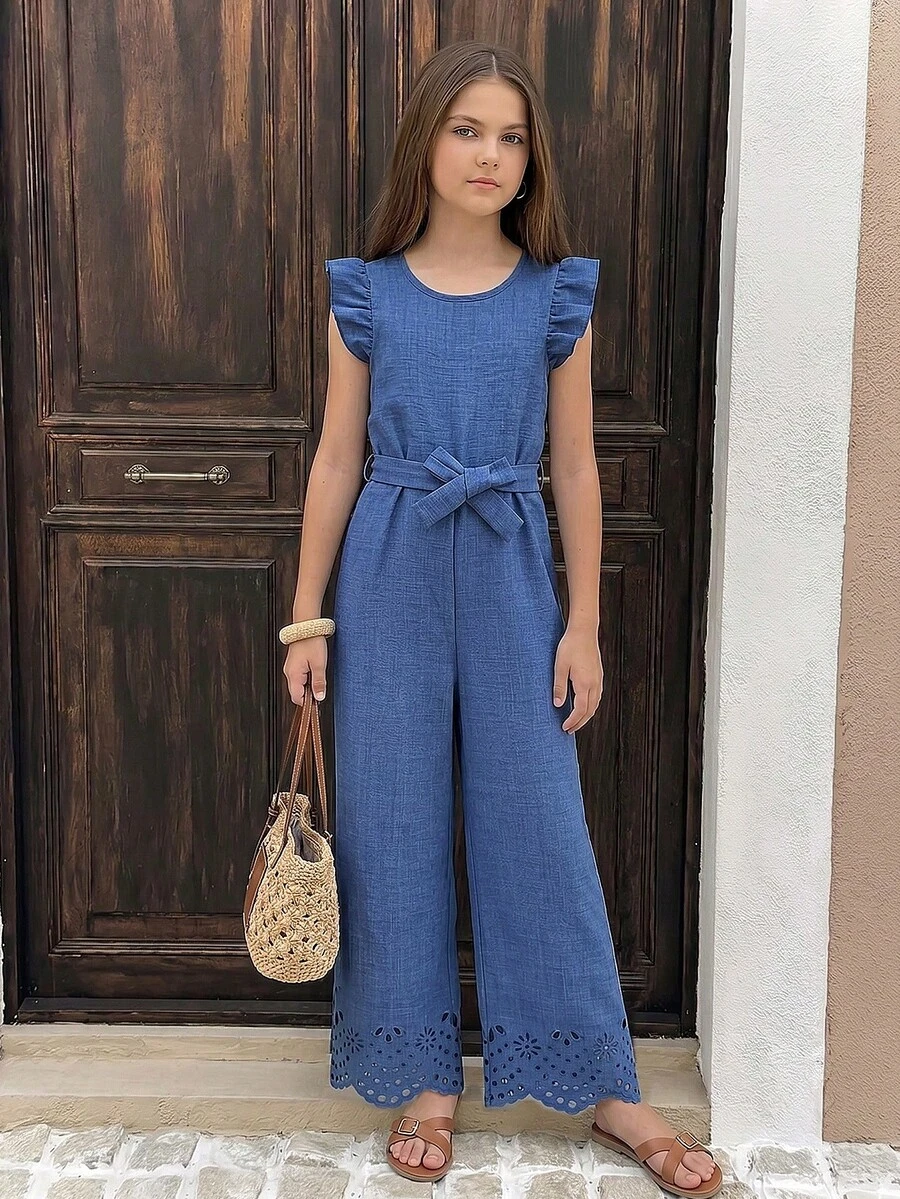SHEIN Bộ áo liền quần ống rộng có bèo nhún, thắt lưng, thích hợp cho bé gái tuổi teen, phong cách thường ngày đi nghỉ mát, mùa xuân/hè. - Màu xanh lam - Xem 1