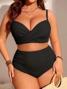Swim Lushoire Conjunto de tankini de talla grande con tirantes de espagueti acolchados y unicolor - Negro - Ver 3