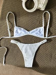 Swim Mod Conjunto de microbikini con tela jacquard y adorno de crochet para mujer, primavera/verano - Beis - Ver 2