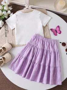 SHEIN Playful Pals 2件組少女紫色裙子搭配白色圓領T恤，蝴蝶結與花卉印花，休閒日常度假風 - 彩色 - 查看 2