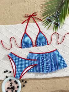Swim Mod Set Bikini Halter Motif Garis-garis Biru dan Putih, Rok Berumbai, Pakaian Renang 3 Potong untuk Pesta Pantai, Kolam Renang, Hari Kemerdekaan, dan Musim Panas. - Blue and White - View 3