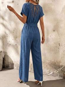 SHEIN Clasi Bộ jumpsuit nữ kiểu dáng giản dị, tối giản, màu trơn, chất liệu móc len, tay cánh dơi, có thắt lưng, thích hợp cho kỳ nghỉ xuân/hè. - Màu xanh lam - Xem 2