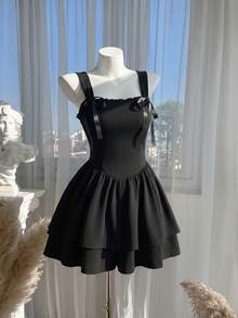 SHEIN MOD Bộ đồ liền thân cổ chữ V viền bèo nhún hai lớp màu đen cỡ lớn mùa hè - màu đen - Xem 6