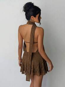Glamine Đầm ren hoa màu nâu, hở lưng, cổ yếm, thích hợp mặc từ xuân đến hè, trang phục mùa xuân, trang phục đi nghỉ hè, lễ hội Carnival, lễ Phục sinh, ngày Thánh Patrick, kỳ nghỉ biển, phong cách Y2K. - màu nâu - Xem 6