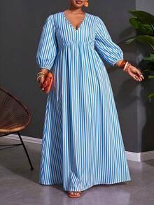 SHEIN CURVE+ Plus Size Women's Casual Beach Vacation Striped Print Deep V-Neck Lantern Sleeve Waist Tie Dress, Spring/Summer/Autumn - Blue - View 6