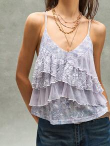 Bohemela Women's Casual Solid Color Knit Patchwork Ruffle Trim Camisole, Spring/Summer - Purple - View 4