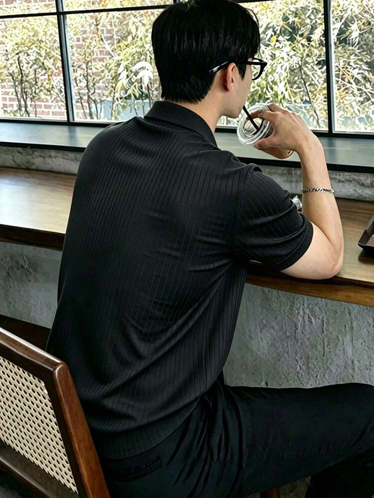 Manfinity Mode Men's Casual Solid Color Button-Up Short Sleeve Polo Shirt - Black - View 4