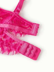 Bonmuse 2 piezas Conjunto de sujetador con aros de encaje fucsia, diseño de encaje transparente con tirantes ajustables - Rosa Roja - Ver 9