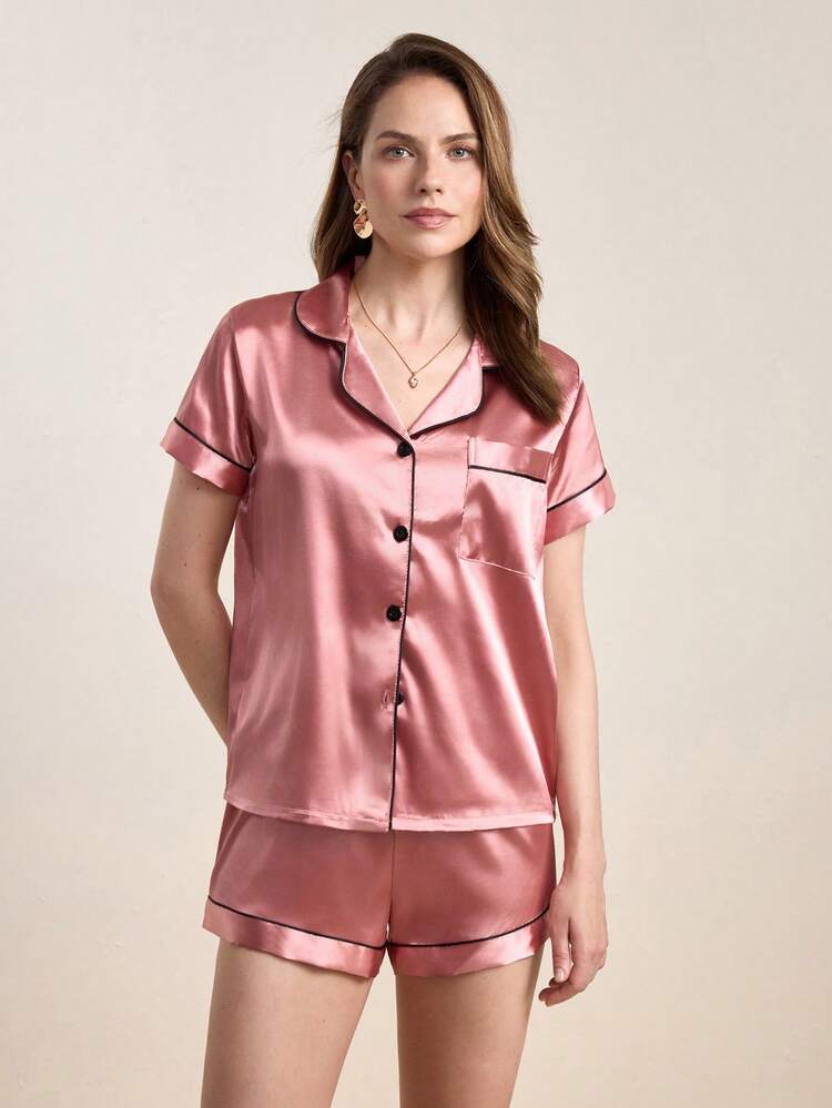 Hourtrue 撞色滚边缎面睡衣套装/家居服套装，秋冬服装 - 西瓜粉 - 查看 4