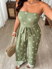 SHEIN LUNE CURVE Combinaison élégante et décontractée pour grandes tailles en tissu texturé à faux motif brodé, convient pour les sorties, les vacances, la plage - Vert - Voir 6