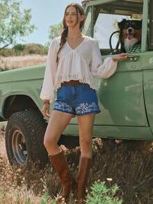 WESTFADE Quần short denim thêu họa tiết, cạp cao, gấu quần có thể tháo rời. - Rửa trung bình - Xem 3
