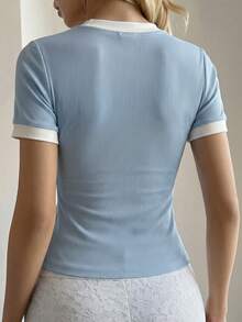 DAZY Women's Casual Everyday Commute Contrast Trim Short Sleeve Fitted T-Shirt, Summer - Blue - View 5