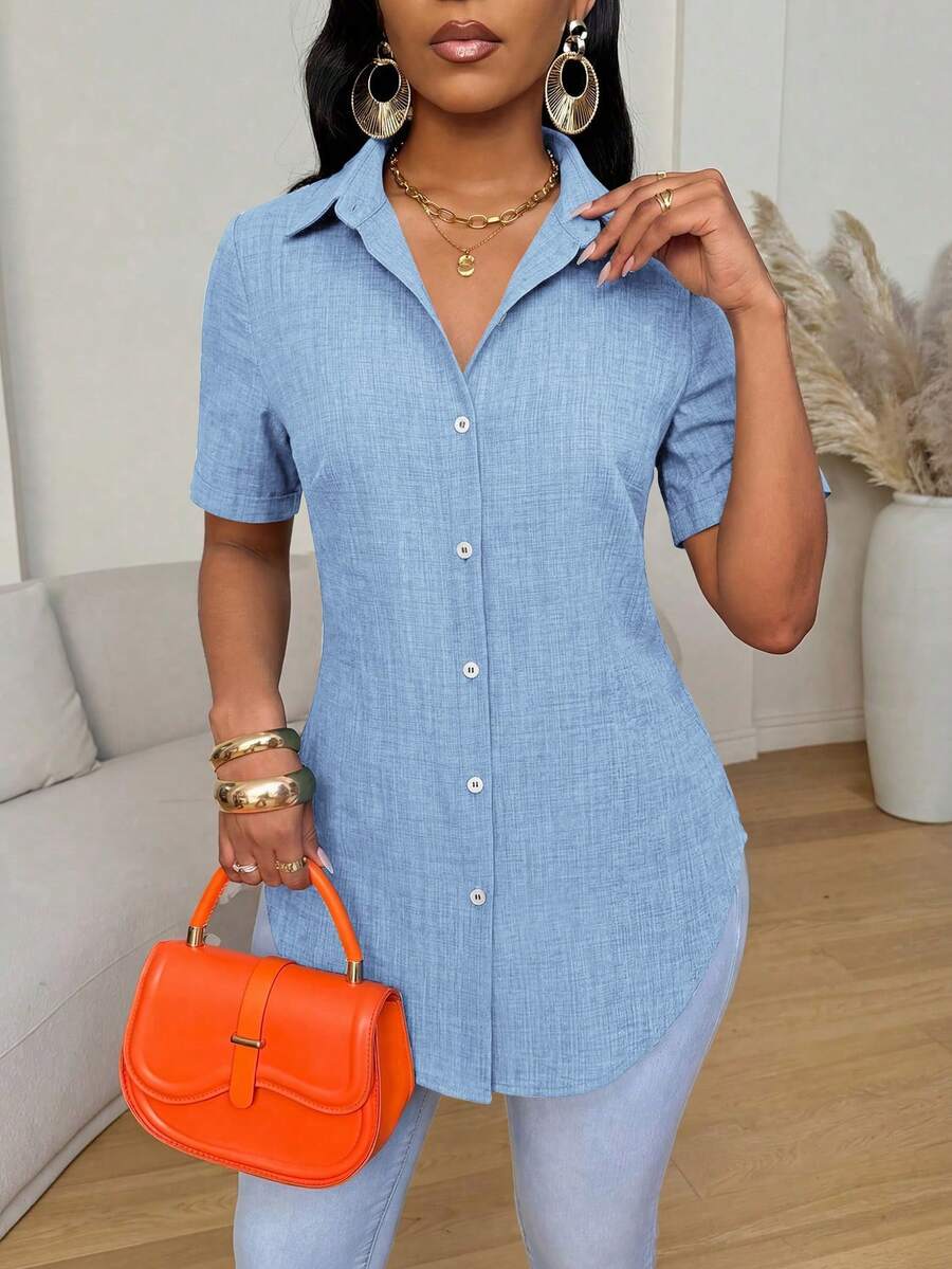 Xyvia Summer Casual Solid Color Side Slit Curved Hem Shirt - Baby Blue - View 1
