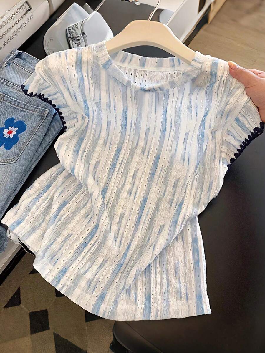 SHEIN Franclia Áo thun nữ tay ngắn cổ tròn in sọc, kiểu dáng thường ngày, thích hợp cho mùa hè. - Nhiều màu - Xem 1