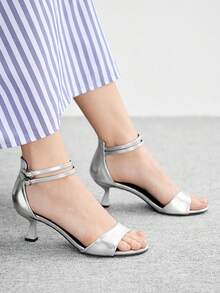 CUCCOO BIZCHIC Women Shoes Spring And Summer New Round Toe PU Surface. Ankle Strap Double-Breasted Buckle With Head Heel Sandals. Romantic Elegance Temperament Simple Sexy High Heel Paint Heel Dress Shoes Valentine's Day. Dating Party, Fashionable And Sexy/Club-Worn, Suitable For Christmas. Spring And Summer Four Seasons Workplace Festival Street Popular Classic Sandals Elegance Temperament Women's Shoes Thick Heels. Bad Girl Night Out Pumps Summer Shoes - Silver - View 1
