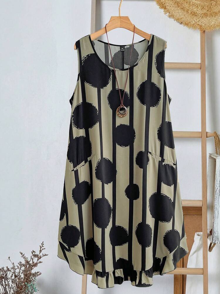 Plus Size Women Striped Geometric Print Round Neck Sleeveless Casual Dress Summer Summer Outfit For Women Festival Outfits For Women Beach Outfits For Women Vacation Outfits Women Holiday Outfits  For Women Country Concert Outfit Country Dress For Women