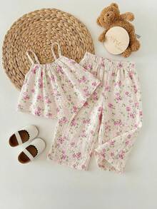 SHEIN LMoss Kids 女婴可爱甜美碎花印花短袖上衣和松紧腰短裤套装 - 彩色 - 查看 3