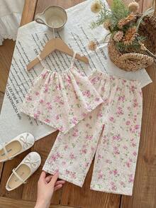 SHEIN LMoss Kids 女婴可爱甜美碎花印花短袖上衣和松紧腰短裤套装 - 彩色 - 查看 4