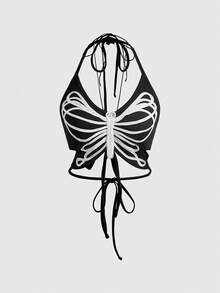 ROMWE Women's Gothic Vacation Halter Tie Butterfly Skeleton Embroidered Asymmetrical Tank Top - Black - View 1