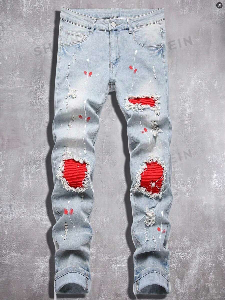 Manfinity LEGND Plus Size Men's Distressed Color Block Slant Pocket Casual Everyday Jeans - Light Wash - View 1