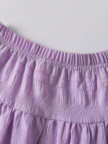SHEIN Playful Pals 2件組少女紫色裙子搭配白色圓領T恤，蝴蝶結與花卉印花，休閒日常度假風 - 彩色 - 查看 5