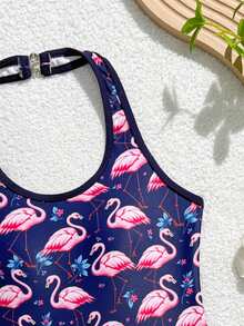 SHEIN Bộ đồ bơi liền thân cho bé gái tuổi teen, màu tím dễ thương, chấm bi trắng, họa tiết hoa hồng, vải dệt kim, dây đeo cổ có thể điều chỉnh, gồm một mảnh và quần short, bộ 2 mảnh, thời trang giản dị, thanh lịch, nữ tính, thích hợp cho bơi lội, kỳ nghỉ hè, bãi biển, hồ bơi, tiệc tùng ngày lễ. - Nhiều màu - Xem 3