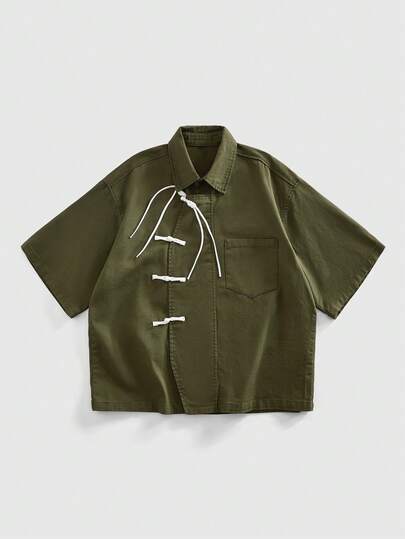 ROMWE MEN Street Life Áo sơ mi denim nam màu trơn kiểu Trung Quốc cài cúc