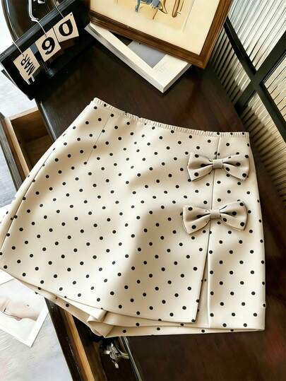 Everyssa Casual Elegant A-Line Slit Polka Dot 3D Bow Decor Side Slit Skirt