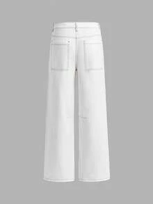 AXEPEAK Men's Casual Everyday Commute Versatile Contrast Stitch Patch Pocket Loose Wide-Leg Jeans - White - View 3