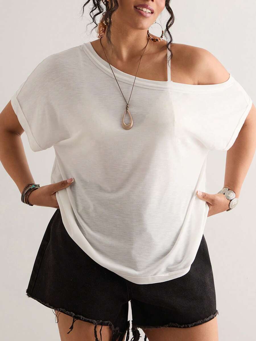 Freevana Damen Große Größen Einfarbiges T-Shirt mit schräger Schulter, vielseitig für den täglichen Gebrauch - Weiss - Übersicht 1