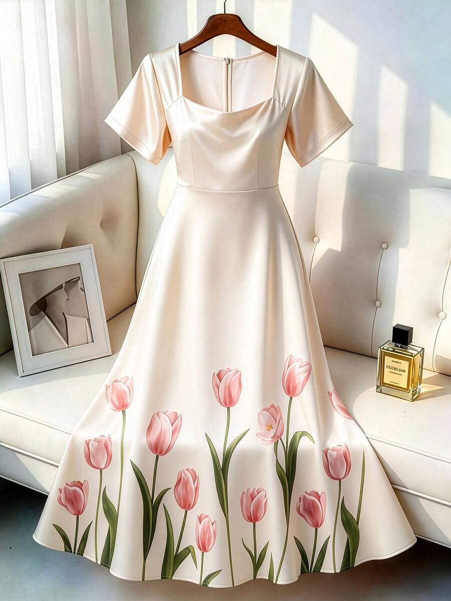 GlowEve CURVE Vestido elegante de manga corta con cuello de corazón y estampado floral para mujer de talla grande - Albaricoque - Ver 1