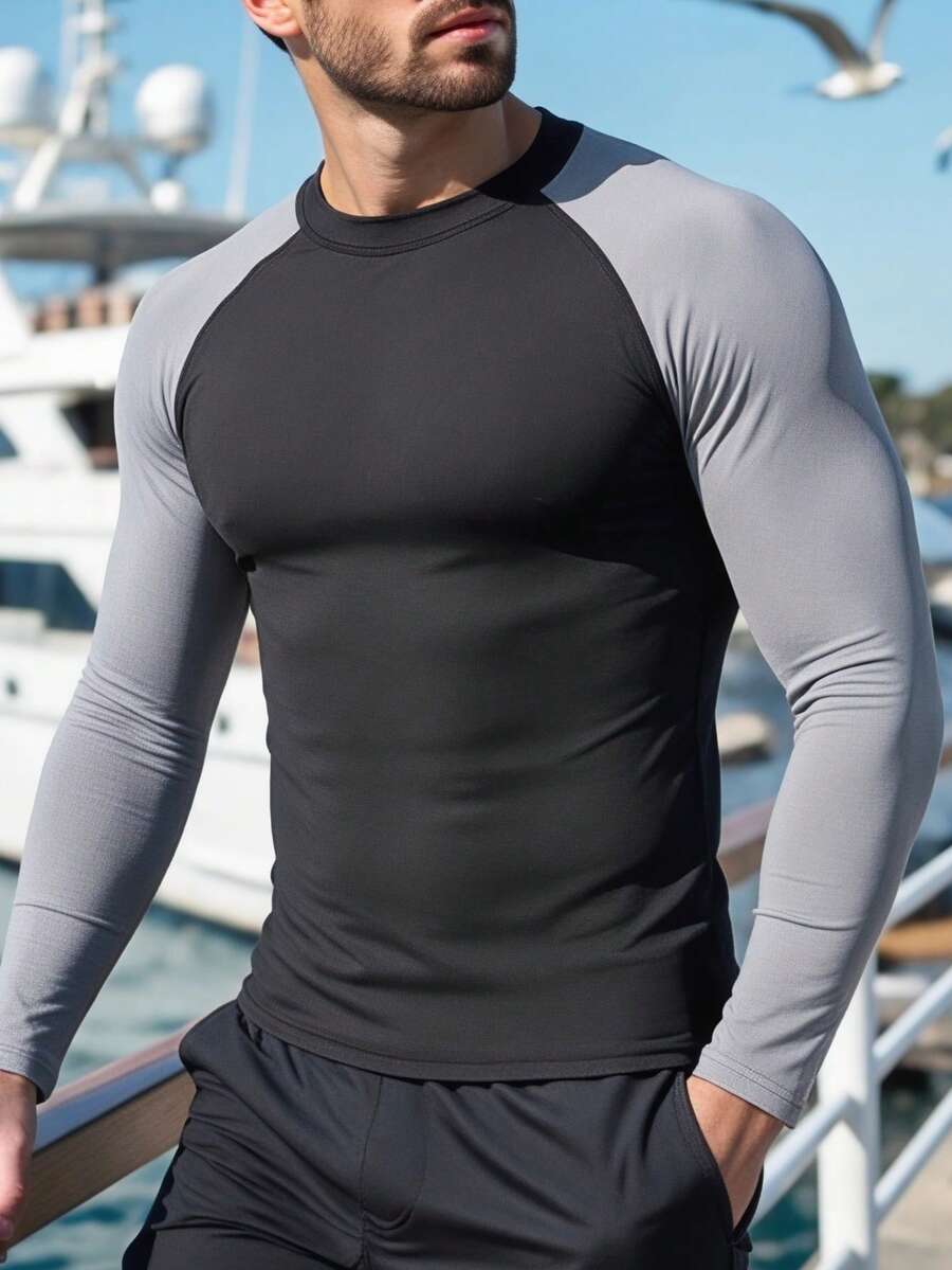Manfinity RebelGame 1pc Black Long Sleeve Raglan Rash Guard For Men, Sports & Beach Sunscreen, Vacation, Father's Day Gifts - Multicolor - View 1