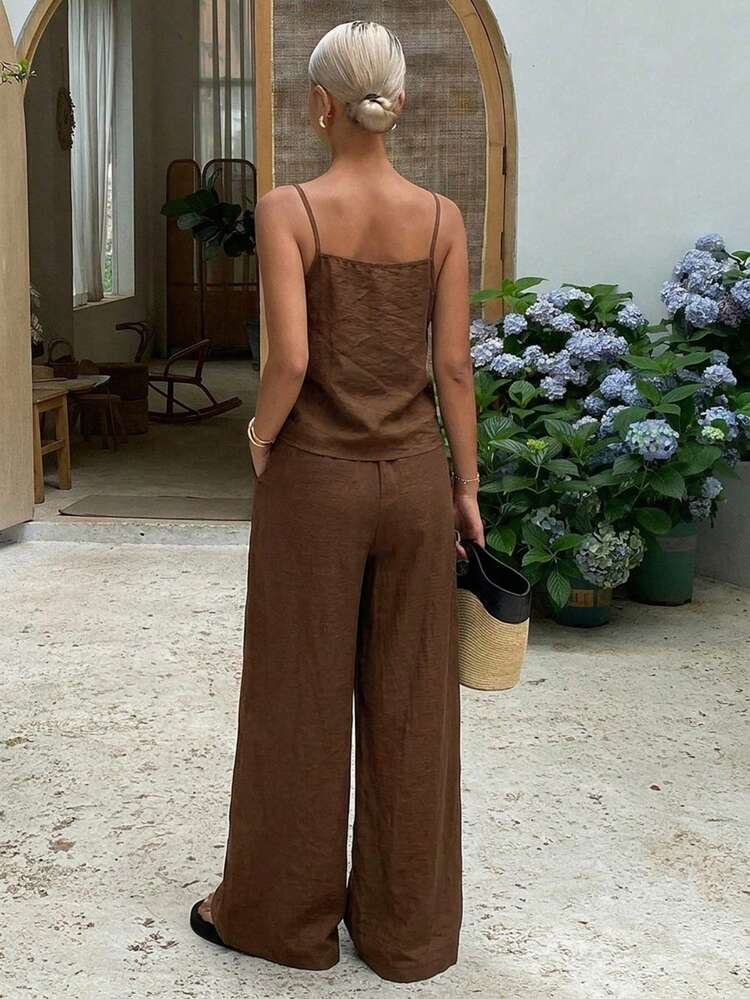 2pcs/Set Women's Fashion Ruffled Crop Camisole Top And High Waist Tie Waist Wide Leg Casual Pants, Summer Vacation Outfits Women