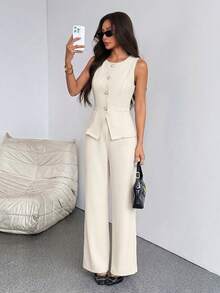 SHEIN PETITE 女款優雅辦公通勤兩件套，無袖單排扣背心與寬腿褲，米白色夏季休閒丹寧質感套裝，修身顯瘦，適合嬌小女性 - 杏色 - 查看 6