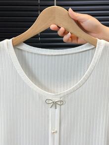GlowEve Women's Elegant Elegant Daily/Office Commute Solid Ribbed Knit Short Sleeve T-Shirt With Rhinestone Bow Decor - White - View 6