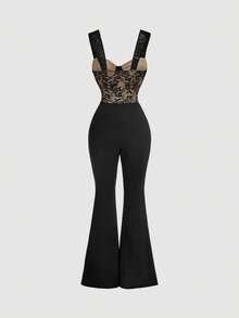 Skyraze Bustier Fishbone Tape Flared Jumpsuit Party Club Black Floral Summer - Black - View 4