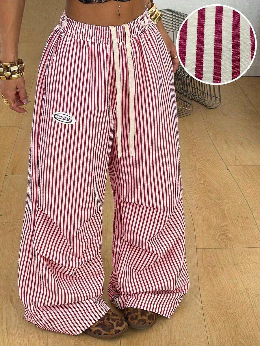 Coolane 夏季女款街頭風日常休閒基本款紅白條紋寬腿沙灘褲 高腰 - 玫紅色 - 查看 1