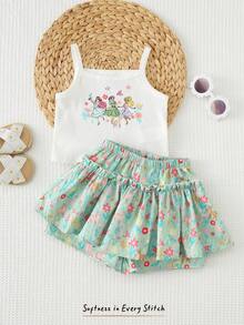 Cozy Pixies Young Girl Cute Ribbed Print Tank Top And Printed Casual Shorts Set, Suitable For Vacation, Spring/Summer - Green - View 3