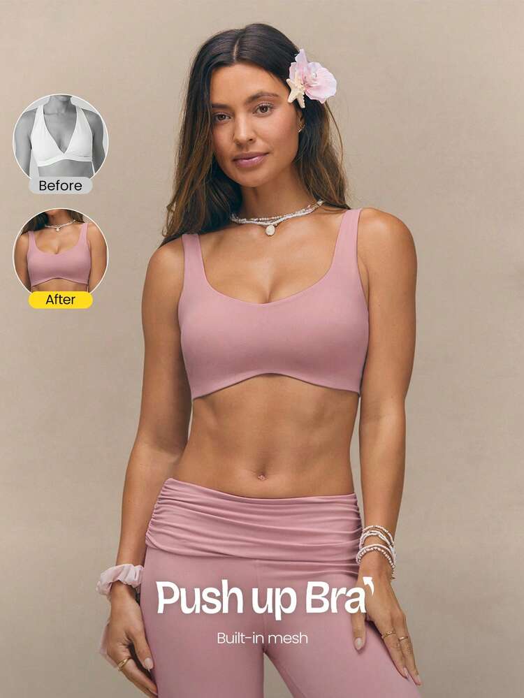FeatherFit™-Sculpt Push-Up Power Play Compressive Built-In Mesh Straps Removable Cups V-Back Demi Sports Bra Medium Impact Running Jogging Workout Gym Training Active Fall Winter