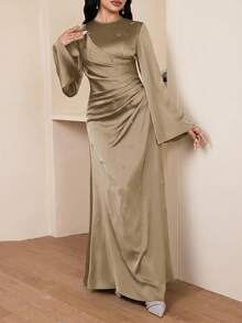 Veilorie Women's Solid Color Round Neck Flare Sleeve Pleated Design Elegant Dress - Khaki - View 7