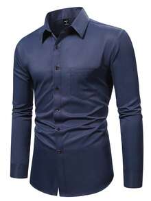 Manfinity Mode Men's Solid Color Business/Casual Long Sleeve Shirt, Spring & Summer, Navy Blue Dress Men, Business Casual Royal Dark For Fall, Formal, Ceremony - Navy Blue - View 4