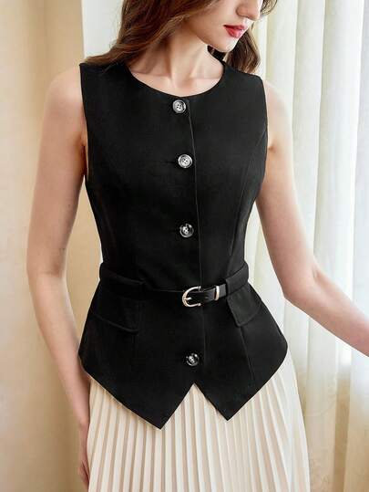 Vintamour Áo khoác blazer mỏng thanh lịch cổ điển dành cho nữ, có thắt lưng, áo khoác ôm eo mùa xuân/hè, áo vest không tay màu đen.